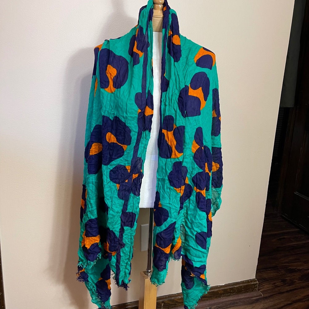 Zara Accessories Made in Italy Scarf Teal Orange Navy Abstract Leopard Wrap